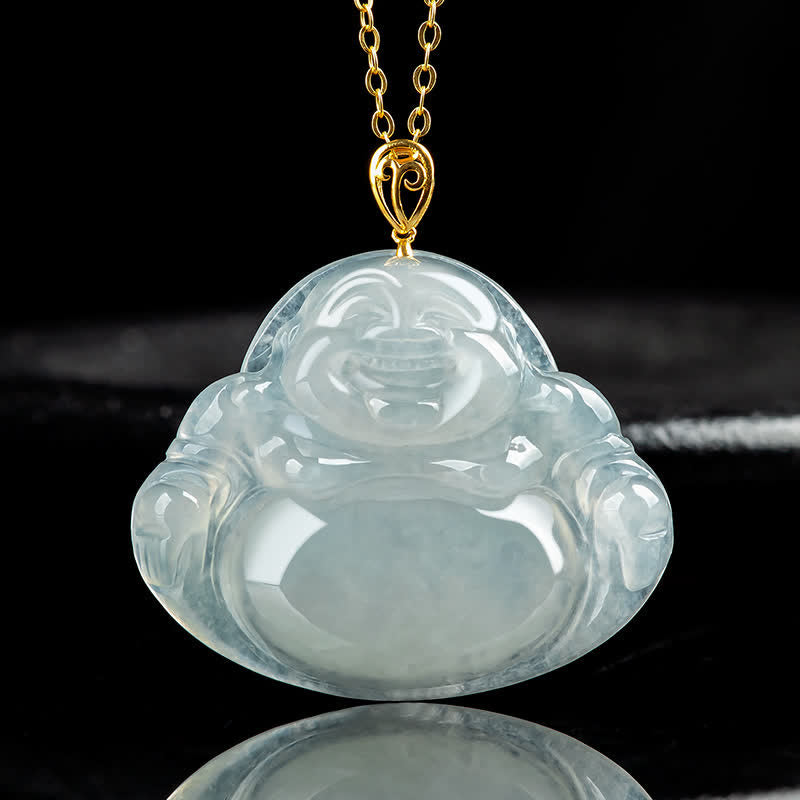 Wear FengShui Laughing Buddha Natural Jade Abundance Titanium Steel Chain Necklace Pendant