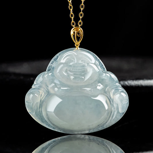 Wear FengShui Laughing Buddha Natural Jade Abundance Titanium Steel Chain Necklace Pendant