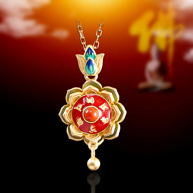 Wear FengShui 925 Sterling Silver Tibet Lotus Prayer Wheel Red Agate Enlightenment Necklace Pendant