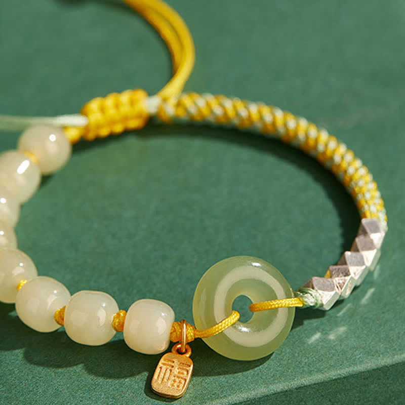 Wear FengShui 925 Sterling Silver Hetian Jade Peace Buckle Beaded Luck Happiness Charm Bracelet
