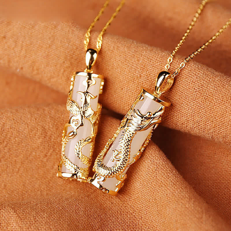 Wear FengShui Jade Dragon Phoenix Copper Blessing Harmony Necklace Pendant