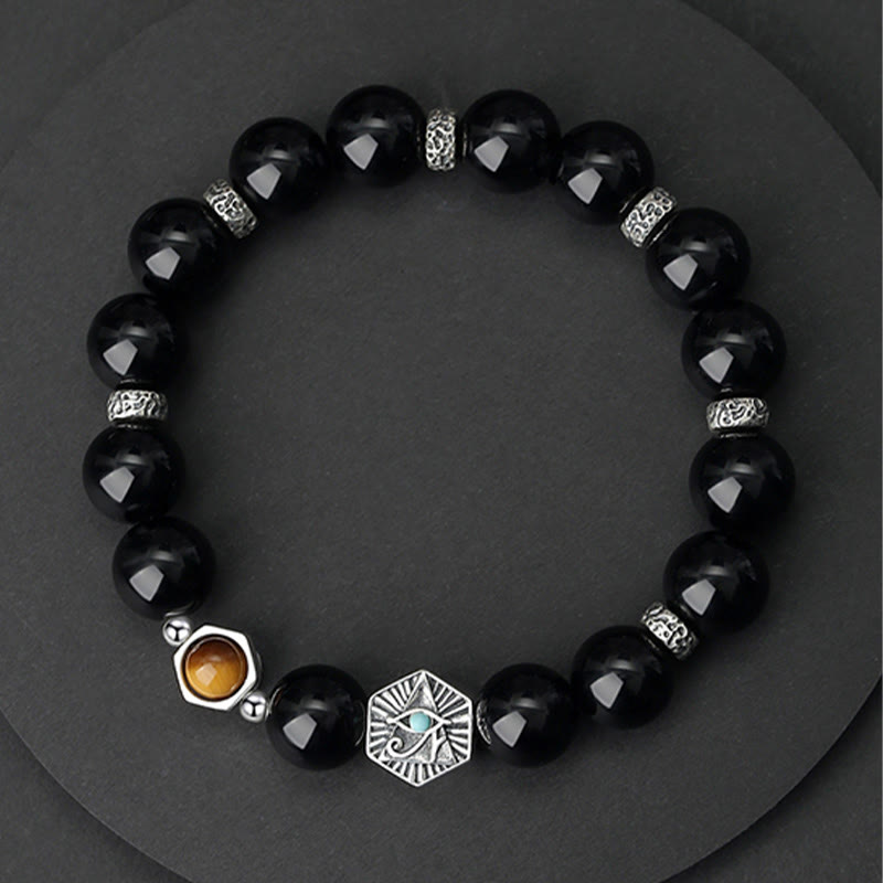 Wear FengShui 925 Sterling Silver Black Obsidian Tiger Eye Eye of Providence Purification Bracelet
