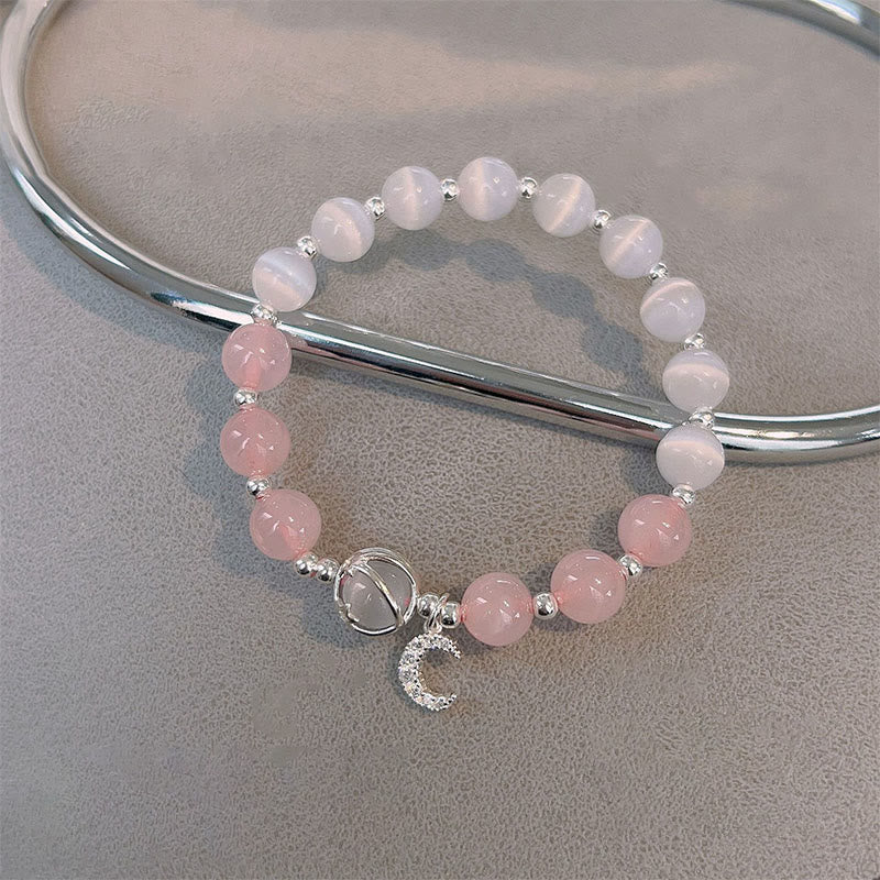 Wear FengShui Natural Cat's Eye Pink Crystal Moon Love Charm Bracelet