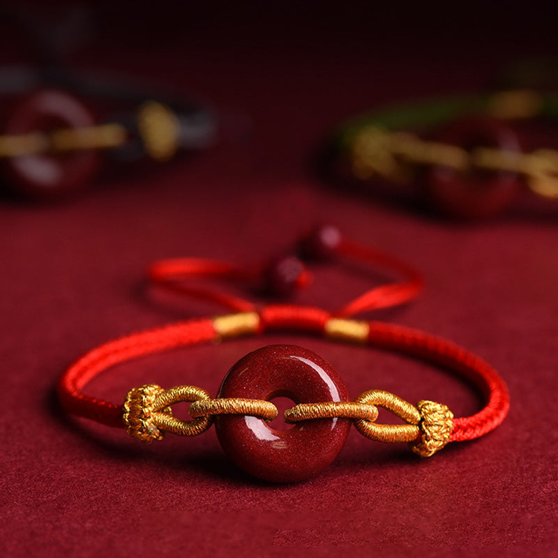 Wear FengShui Handmade Cinnabar Peace Buckle Blessing Braided Rope Bracelet