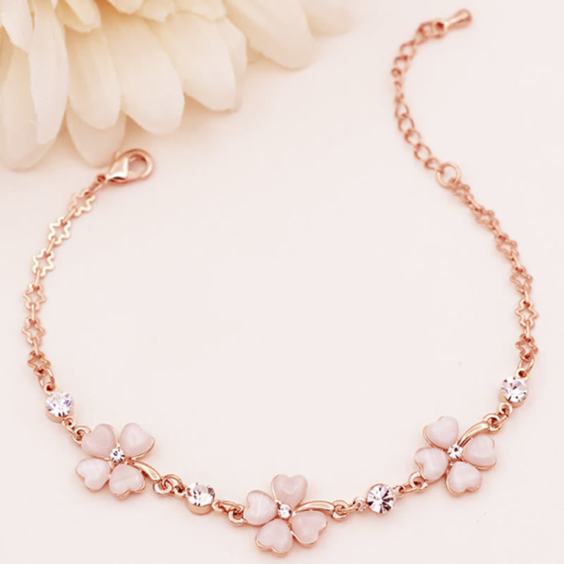 Wear FengShui Pink Crystal Four Leaf Clover Love Chain Bracelet