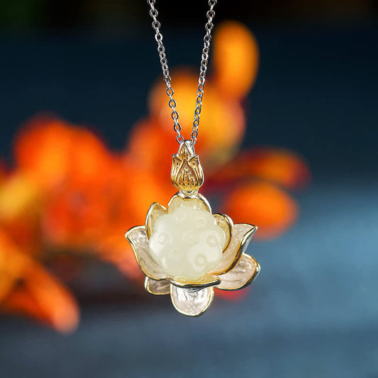 Wear FengShui White Jade Lotus Flower Happiness Necklace
