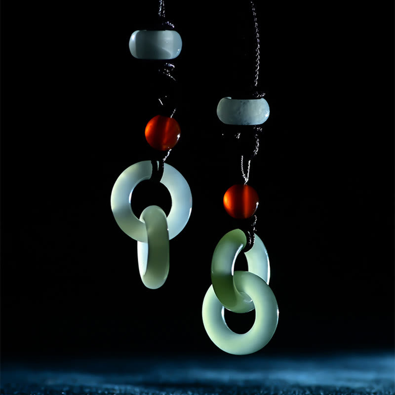 Wear FengShui Natural Hetian Cyan Jade White Jade Double Peace Buckle Success Necklace Pendant