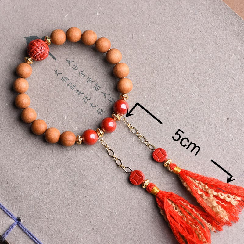 Wear FengShui Tibetan Natural Peach Wood Cinnabar PiXiu Wealth Tassels Bracelet