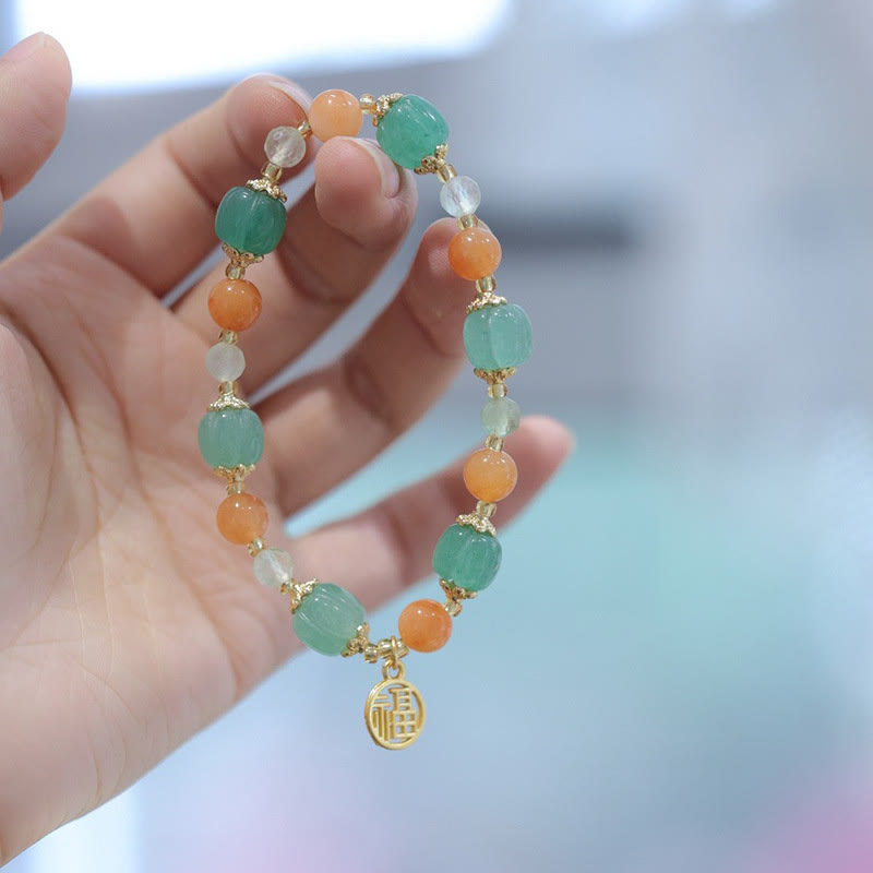 Wear FengShui Natural Golden Silk Jade Pumpkin Bead Fu Character Charm Wealth Bracelet