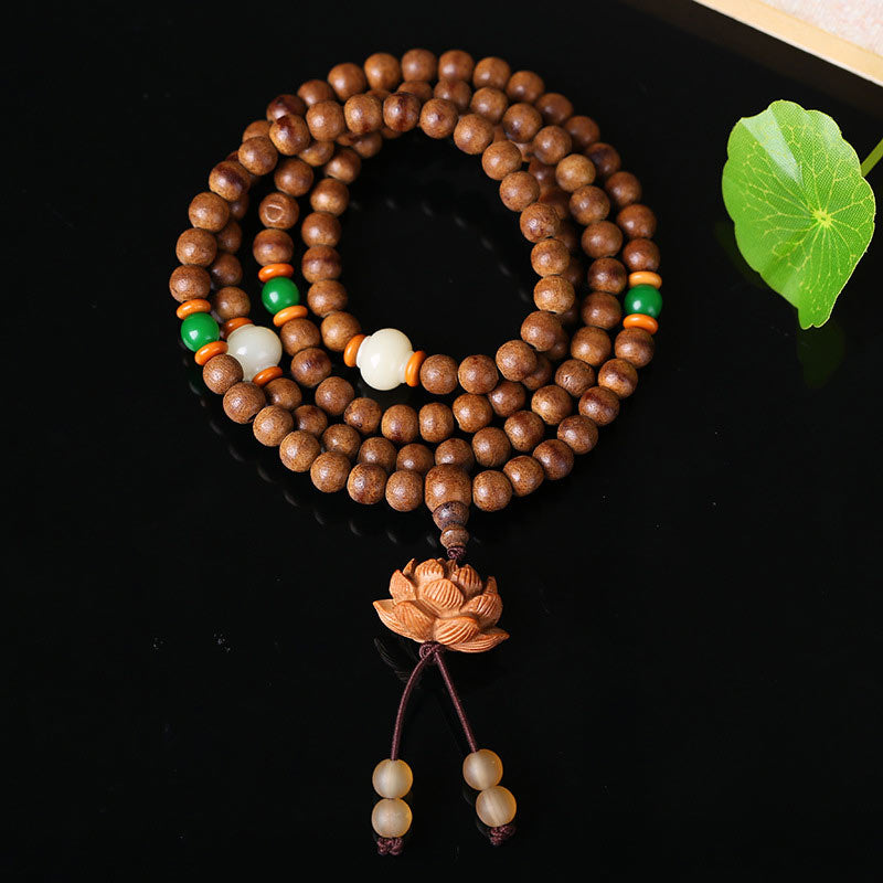 Wear FengShui 108 Mala Beads Peach Wood Bodhi Seed Lotus Prayer Meditation Bracelet