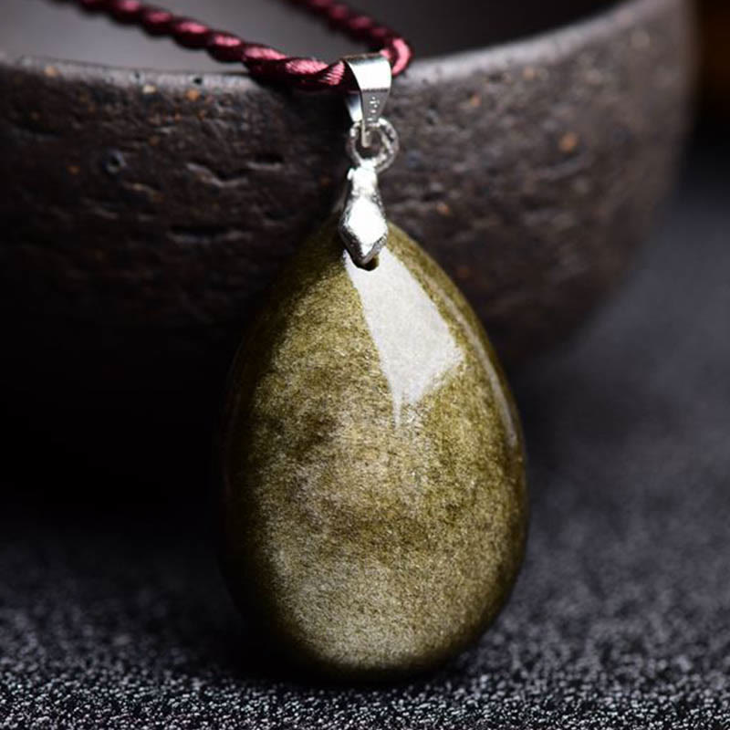 Wear FengShui Gold Sheen Obsidian Black Obsidian Rainbow Obsidian Wealth Water Drop Necklace Pendant