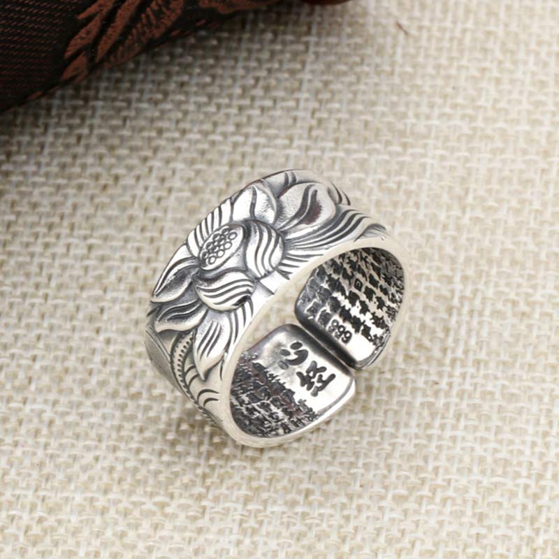 Wear FengShui 999 Sterling Silver Lotus Symbol Heart Sutra Protection Ring