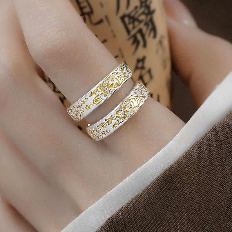 Wear FengShui Peace and Joy Tang Dynasty Flower Design Lotus Heart Sutra Carved Copper Luck Adjustable Ring