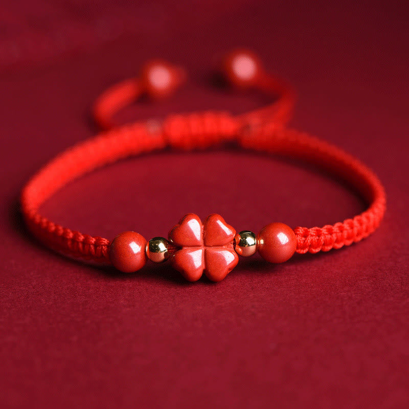 Wear FengShui Four Leaf Clover Five-petal Flower Cinnabar Blessing Red String Bracelet
