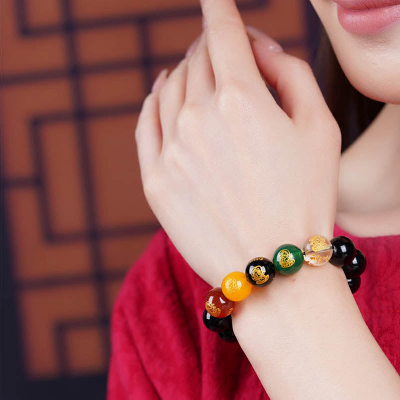Wear FengShui Gold Sheen Obsidian Rainbow Obsidian Black Obsidian Five Directions Gods of Wealth Bracelet