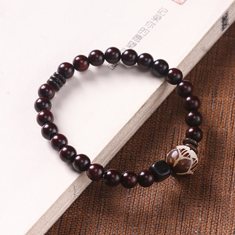 Wear FengShui Small Leaf Red Sandalwood Lotus Bodhi Seed Carved Protection Double Wrap Bracelet