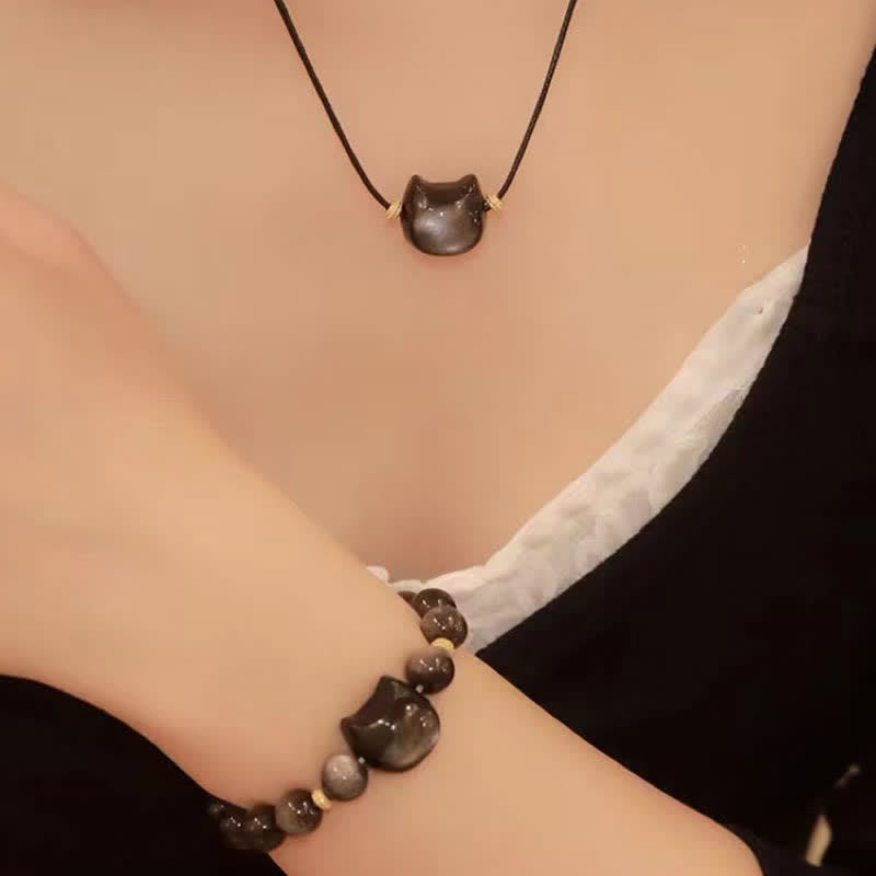 Wear FengShui Gold Sheen Obsidian Silver Sheen Obsidian Lovely Paw Lucky Cat Protection Bracelet