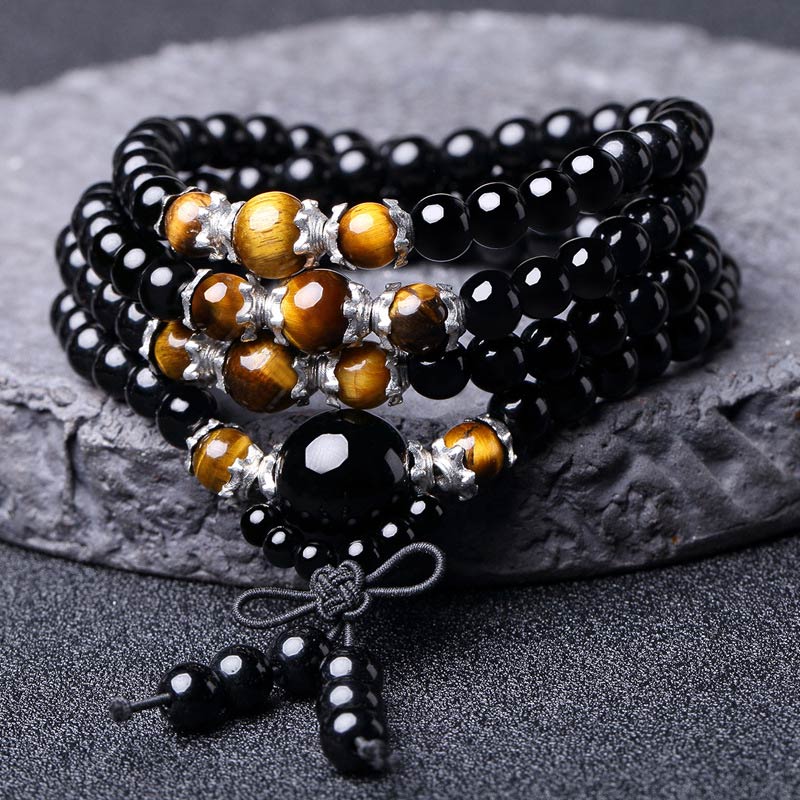 Wear FengShui 108 Beads Natural Black Obsidian Tiger Eye Mala Bracelet