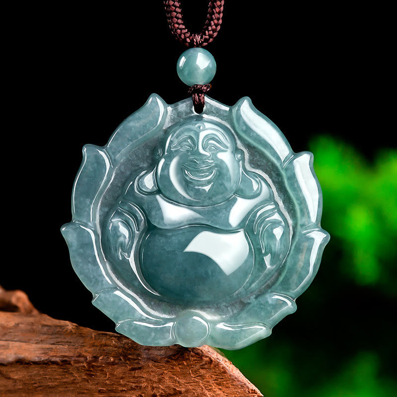 Wear FengShui Natural Jade Laughing Buddha Lotus Pattern Luck Necklace Pendant
