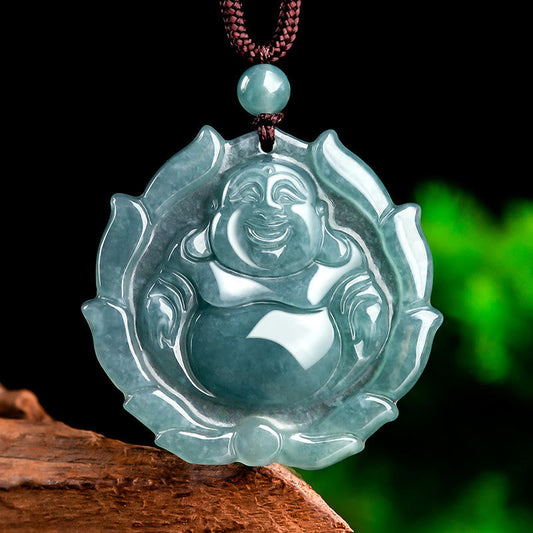 Wear FengShui Natural Jade Laughing Buddha Lotus Pattern Luck Necklace Pendant