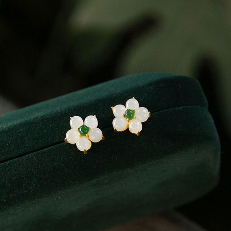 Wear FengShui White Jade Flower Luck Blessing Stud Earrings