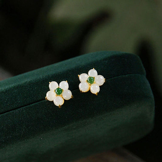 Wear FengShui White Jade Flower Luck Blessing Stud Earrings