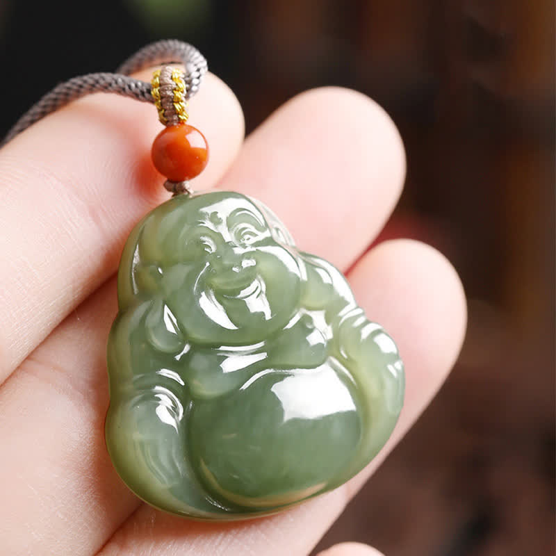 Wear FengShui Laughing Buddha Hetian Jade Abundance Necklace String Pendant
