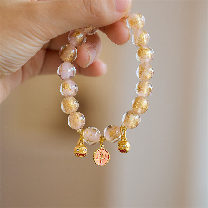 Wear FengShui Gold Swallowing Beast Copper Coin Good Luck Charm Liuli Glass Bead Fortune Bracelet