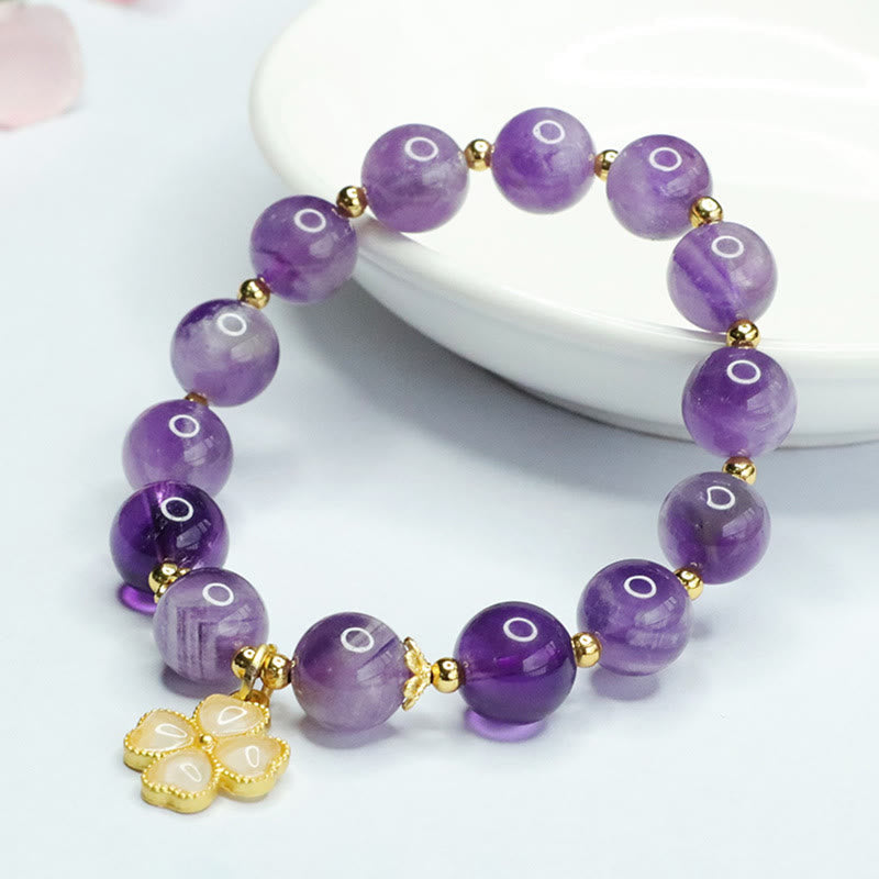 Wear FengShui Natural Amethyst Crystal Inner Peace Four Leaf Clover Charm Bracelet