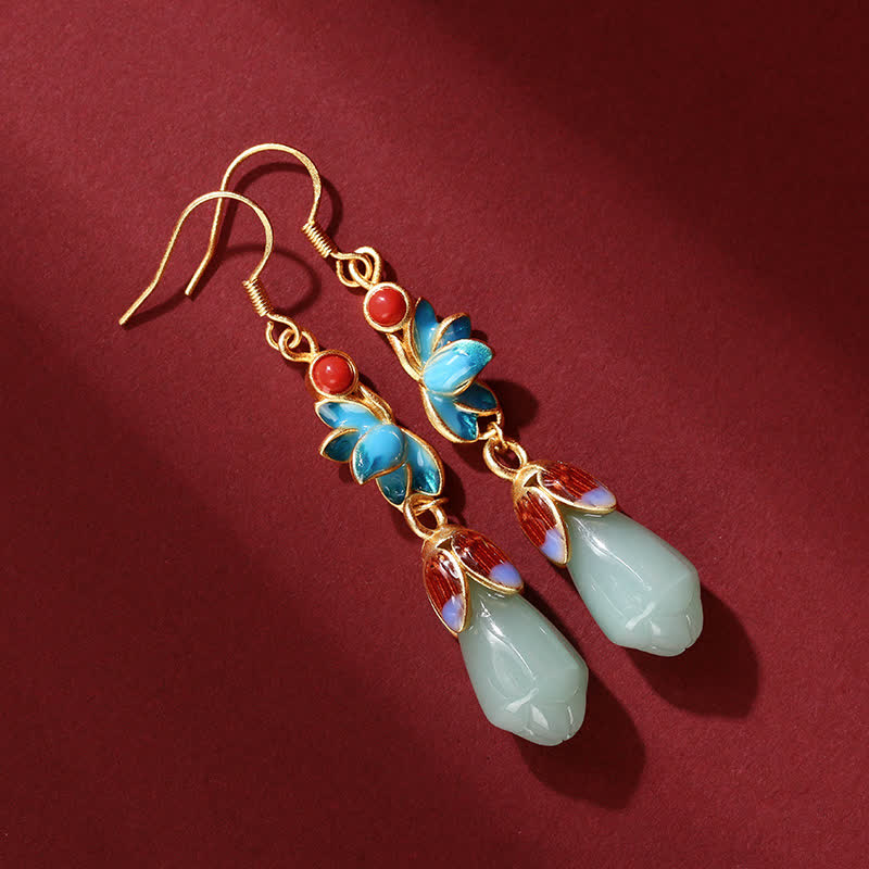Wear FengShui Magnolia Flower Jade Pattern Luck Prosperity Drop Dangle Earrings