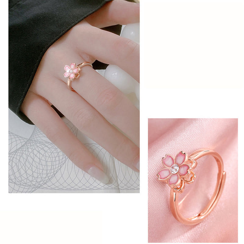 Wear FengShui 925 Sterling Silver Cherry Blossom Blessing Chain Bracelet Rotatable Ring