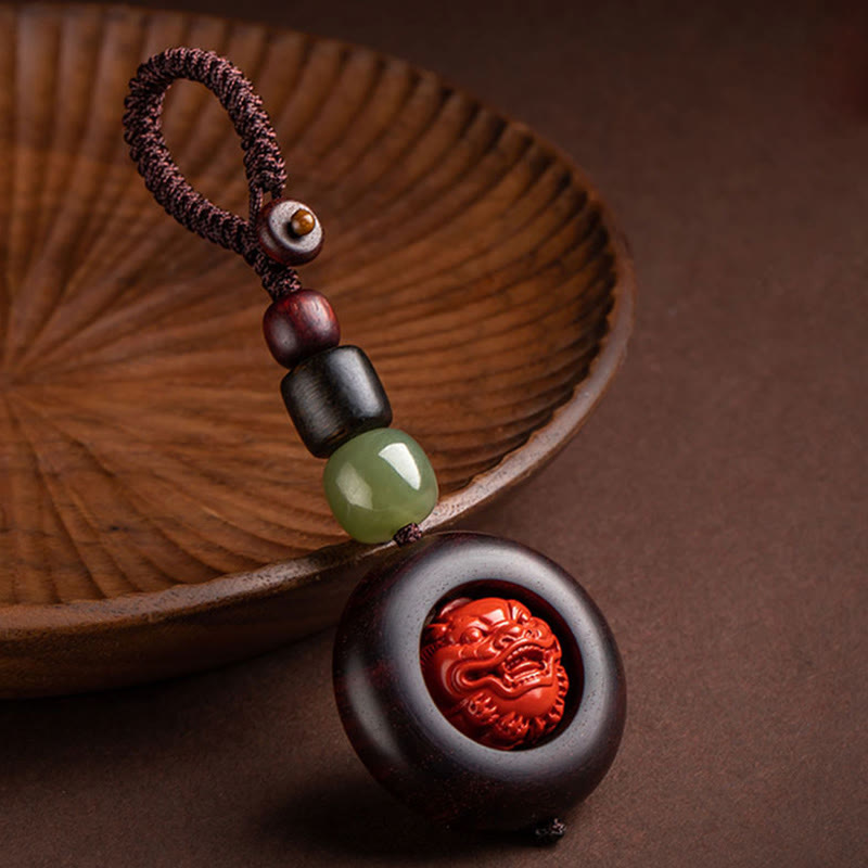 Wear FengShui Tibet Om Mani Padme Hum PiXiu Copper Coin Small Leaf Red Sandalwood Cinnabar Protection Key Chain