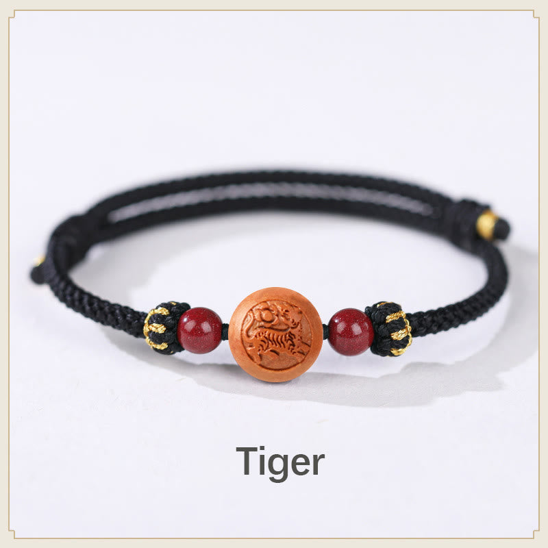 Wear FengShui Natural Peach Wood Chinese Zodiac Fu Character Carved Cinnabar Wealth Bracelet