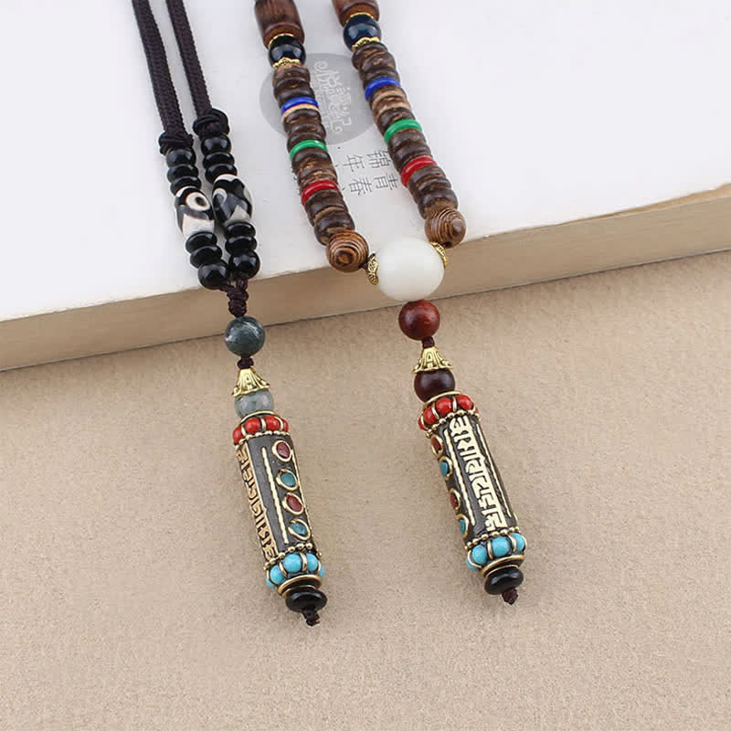 Wear FengShui Tibetan Om Mani Padme Hum Dzi Bead Wenge Wood Necklace Pendant
