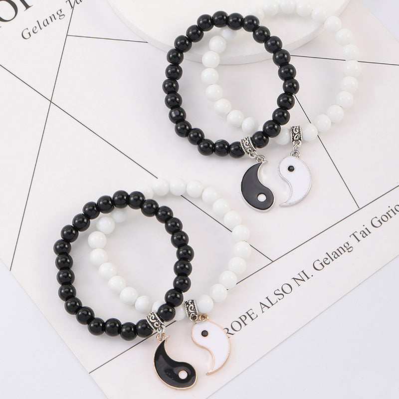 Wear FengShui 2Pcs Black Onyx White Turquoise Bead Yin Yang Protection Couple Bracelet