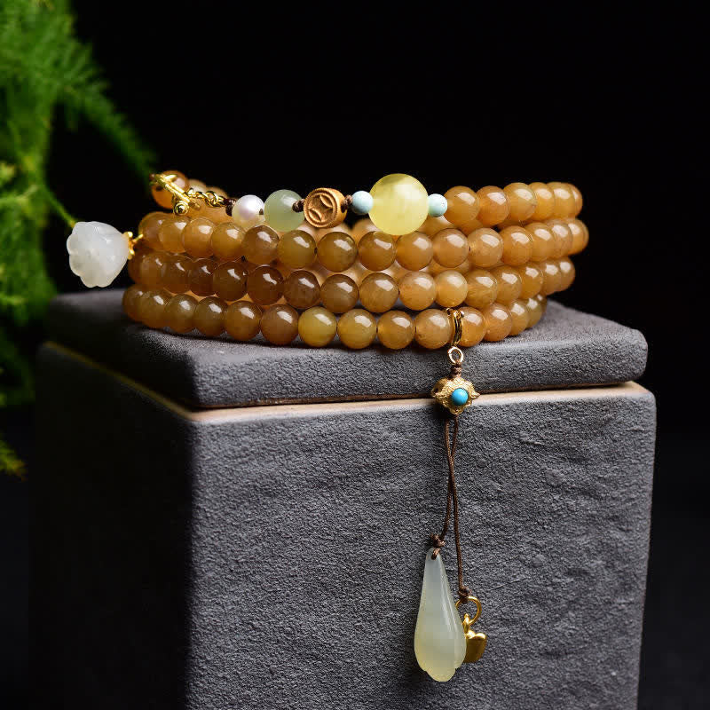 Wear FengShui Natural Hetian Topaz Amber Lotus White Jade Pearl Success Bracelet