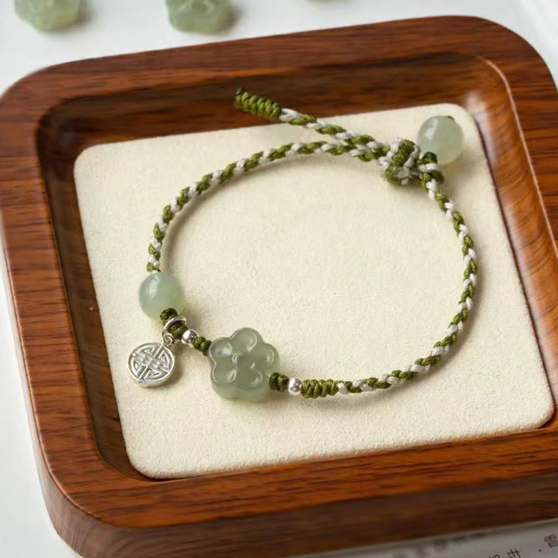 Wear FengShui Handmade Plum Blossom Flower Jade Luck Prosperity Braided Bracelet
