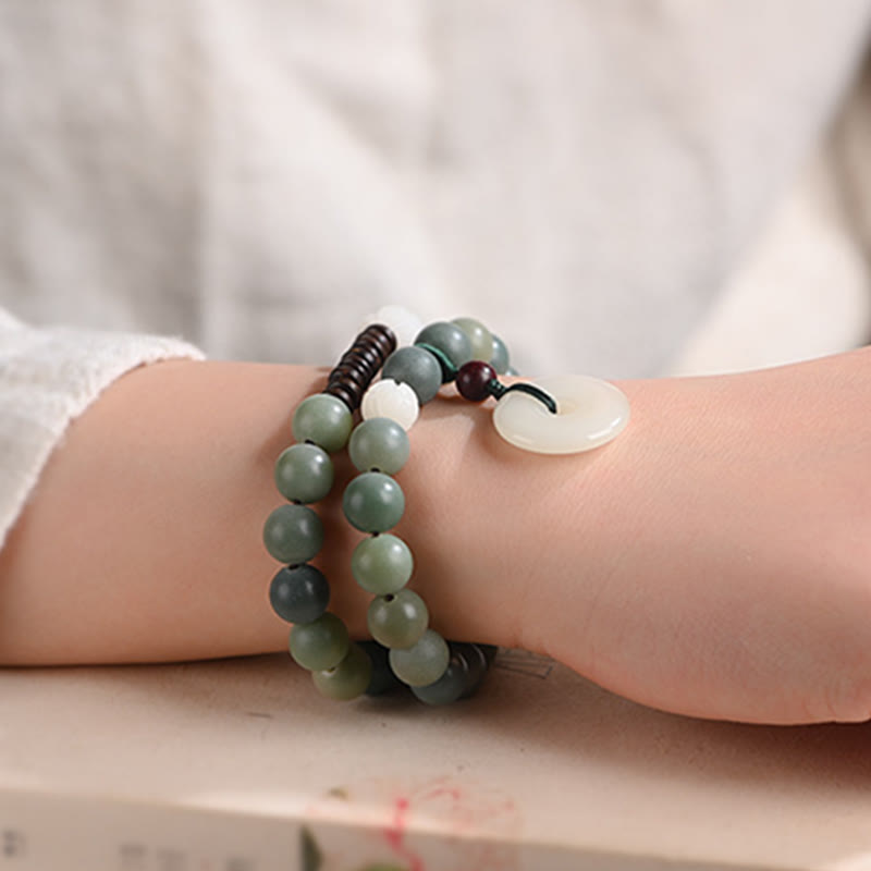 Wear FengShui Cyan Bodhi Seed Lotus Jade Peace Buckle Wisdom Double Wrap Bracelet