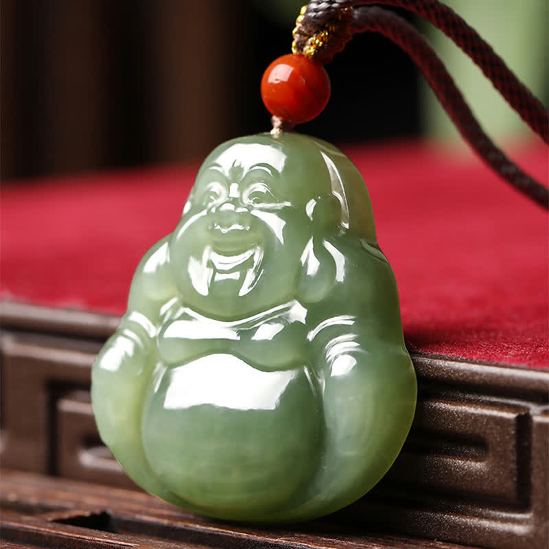 Wear FengShui Laughing Buddha Hetian Jade Abundance Necklace String Pendant