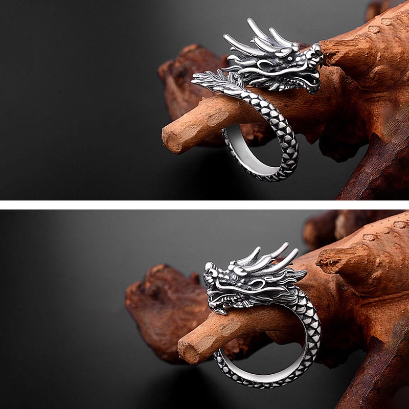 Wear FengShui 990 Sterling Silver Vintage Dragon Design Luck Protection Strength Adjustable Ring