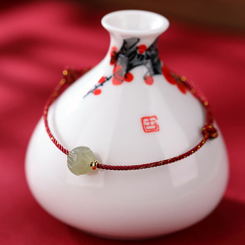 Wear FengShui 925 Sterling Silver Plated Gold Hetian Jade Lotus Luck Red String Bracelet
