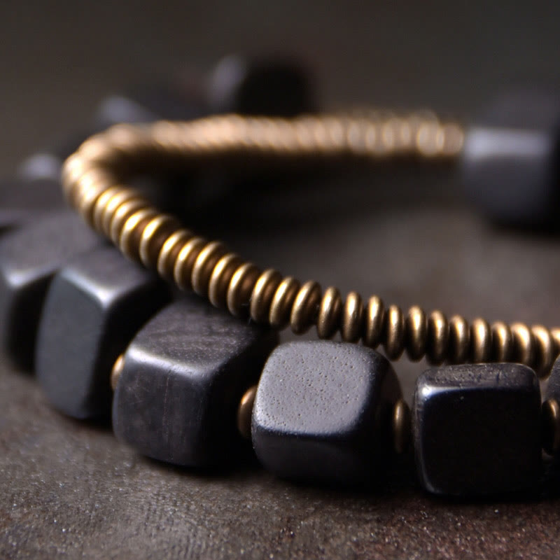 Wear FengShui Tibetan Ebony Wood Copper Peace Double Wrap Bracelet
