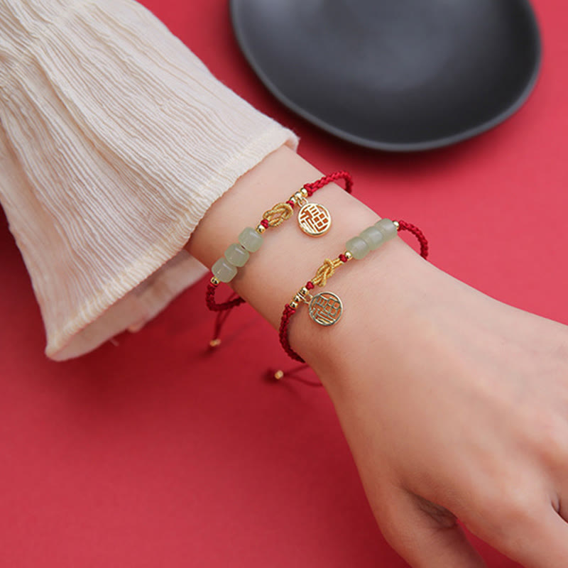 Wear FengShui Handcrafted Jade Bead Fu Character Charm Luck Red Rope Bracelet