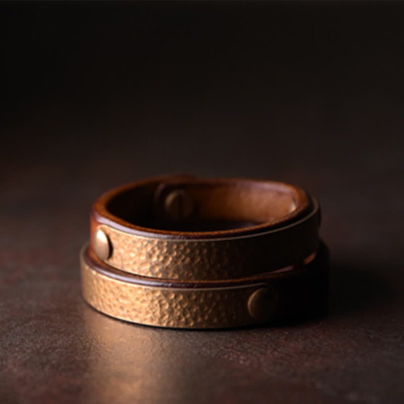 Wear FengShui Vintage Handmade Texture Copper Brass Leather Wealth Bracelet Bangle