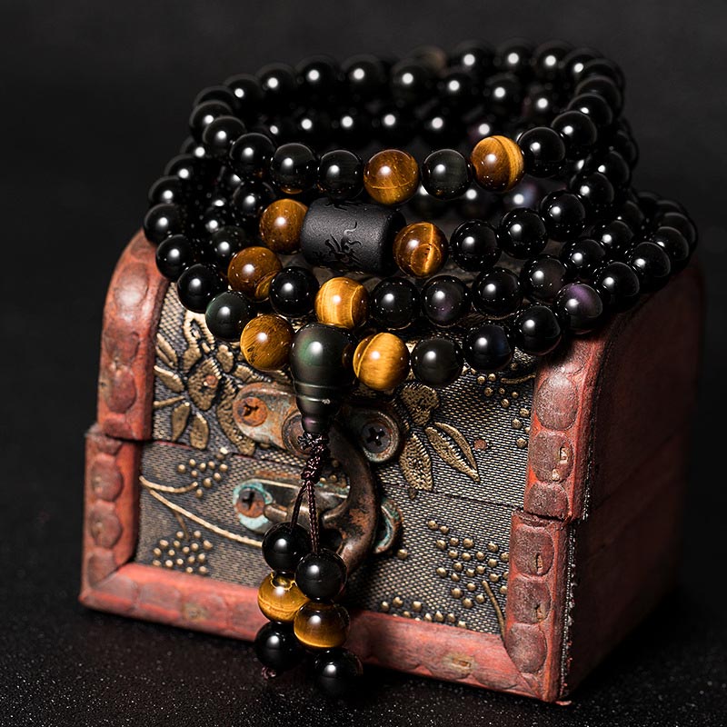 Wear FengShui Natural Black Obsidian Rainbow Obsidian Gourd Blessing Bracelet Mala
