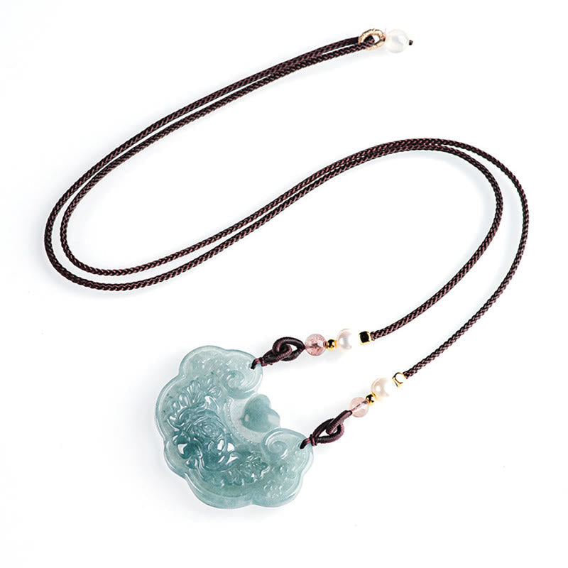 Wear FengShui Natural Jade Peony Flower Lock of Good Wishes Prosperity Necklace Pendant