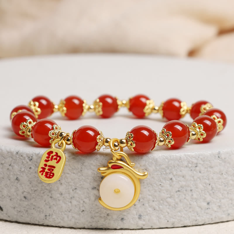 Wear FengShui Year of the Dragon Red Agate Green Aventurine Peace Buckle Fu Character Lucky Fortune Bracelet