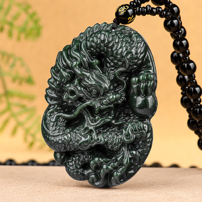Wear FengShui Hetian Cyan Jade Dragon Success Harmony Necklace Beaded String Pendant