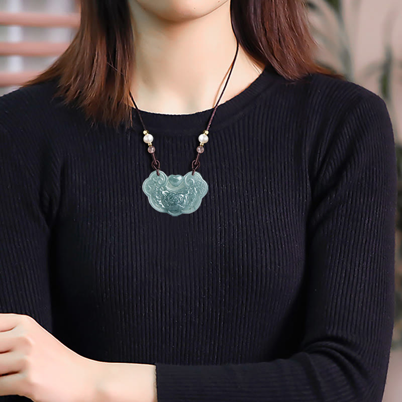 Wear FengShui Natural Jade Peony Flower Lock of Good Wishes Prosperity Necklace Pendant