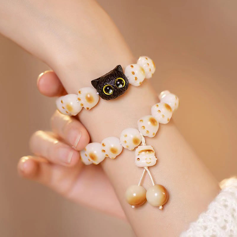 Wear FengShui Natural Bodhi Seed Red Sandalwood Lovely Paw Lucky Cat Peace Bracelet
